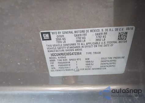 2014 Chevrolet Silverado 1Lt из США, поврежденный, VIN 3GCUKREC9EG472364